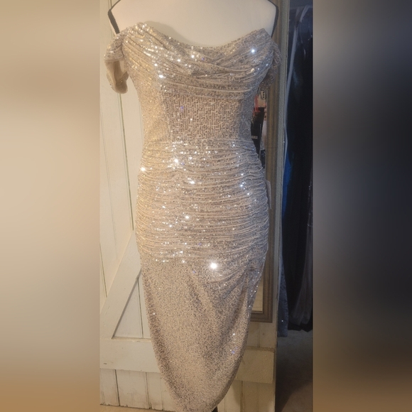 Elegant Off-Shoulder Silver Dress - Picture 3 of 7